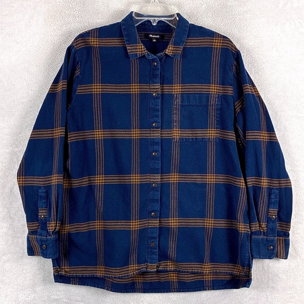 Madewell Shirt Womens L Navy Orange Plaid Flannel Relaxed Preppy Classic Outdoor